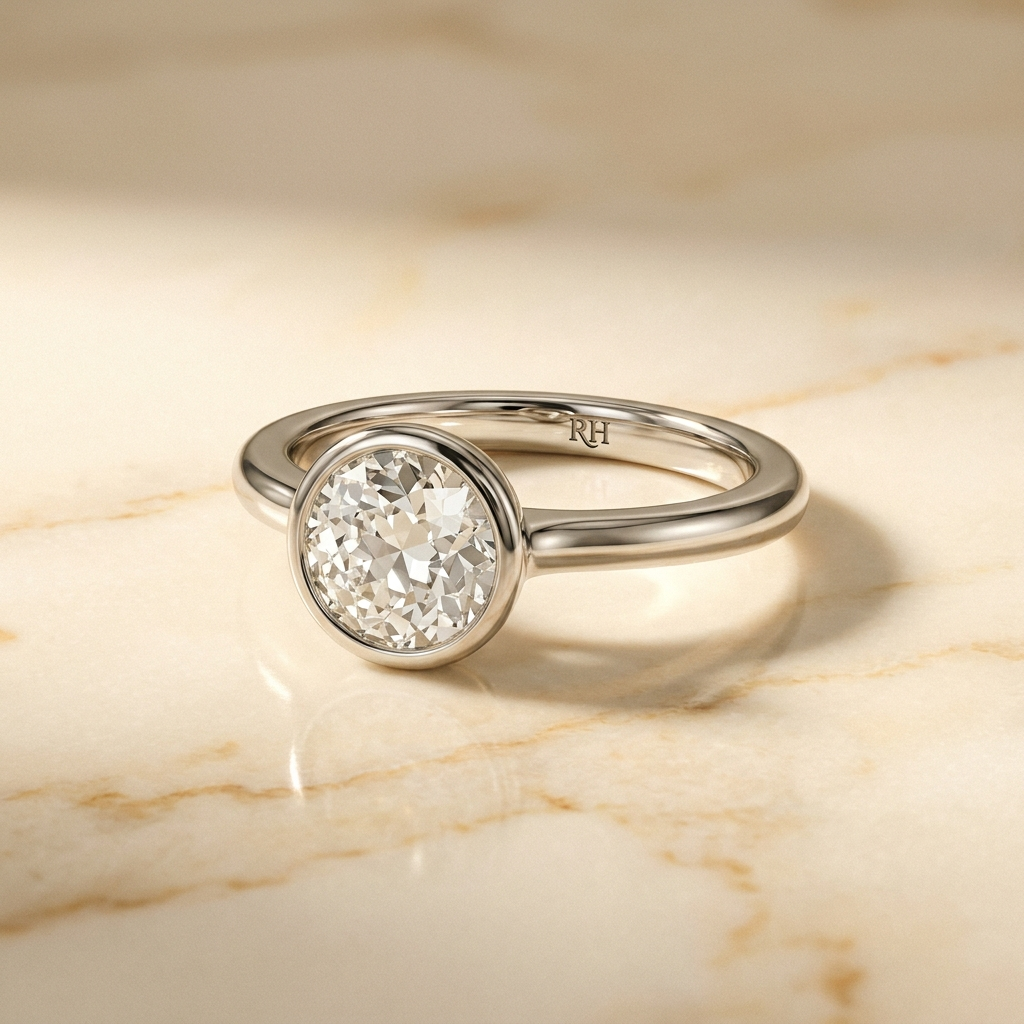 The Agnes bezel solitaire old european cut engagement ring setting in 18k white gold, alt-angle hero, RockHer