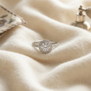 Morganite & Diamond Halo Eternity Ring in 18K White Gold - flat lay