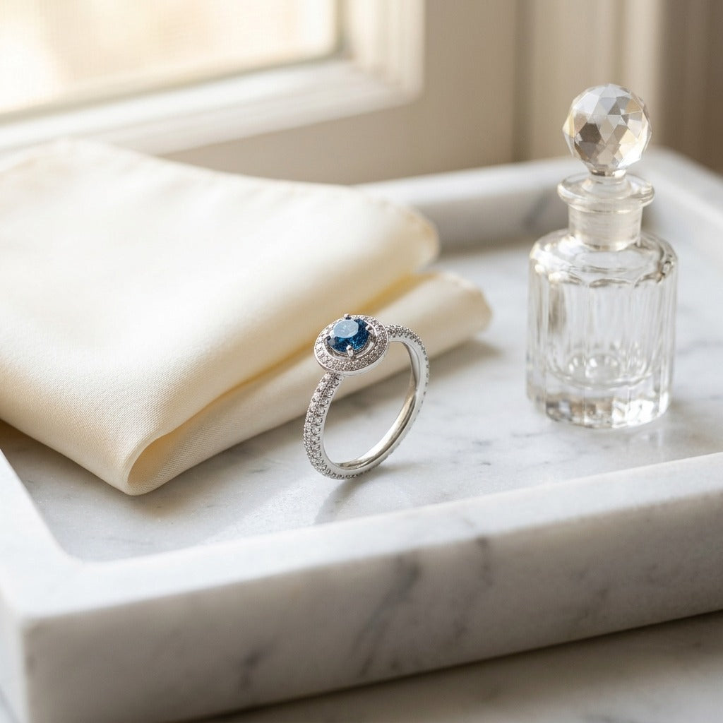 Sapphire & Diamond Halo Pave Eternity Ring in 18K White Gold - editorial