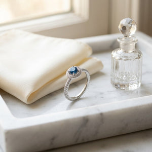 Sapphire & Diamond Halo Pave Eternity Ring in 18K White Gold - editorial