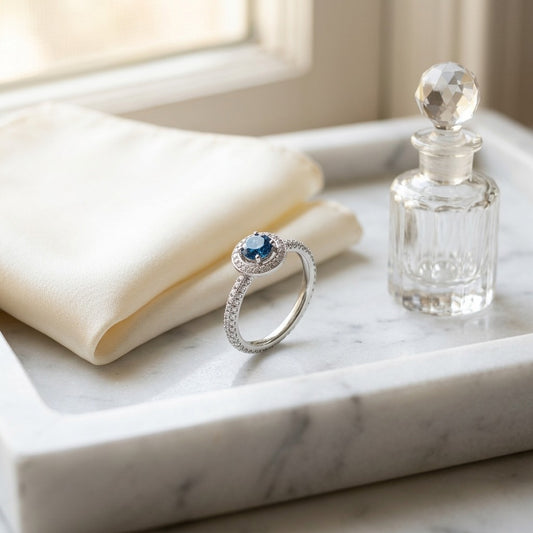 Sapphire & Diamond Halo Pave Eternity Ring in 18K White Gold - editorial