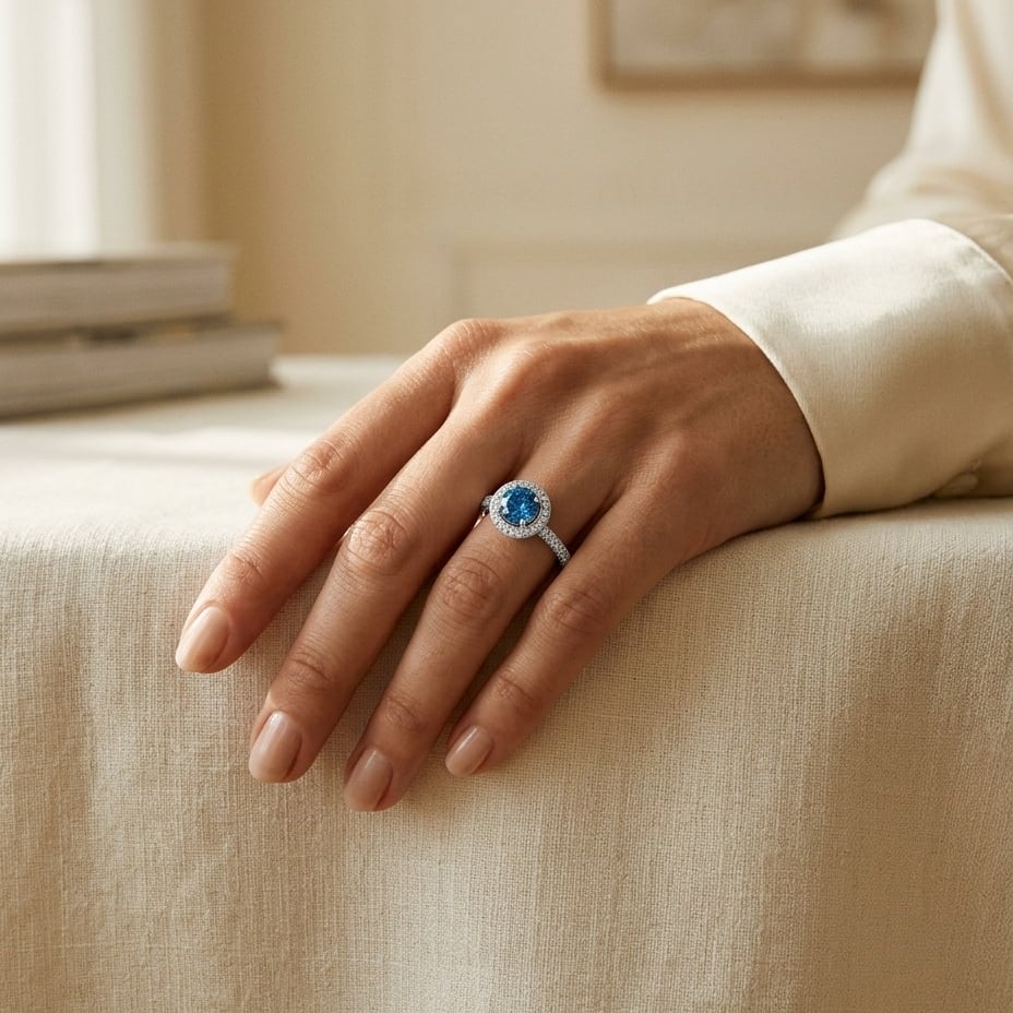 Sapphire & Diamond Halo Pave Eternity Ring in 18K White Gold - lifestyle