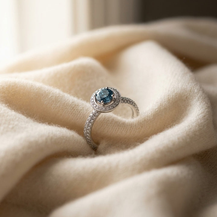 Sapphire & Diamond Halo Pave Eternity Ring in 18K White Gold - flat lay