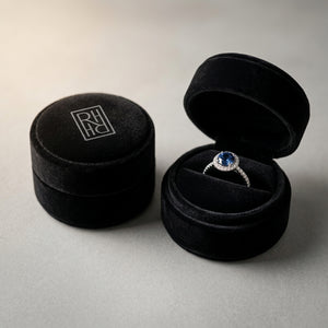 Sapphire & Diamond Halo Pave Eternity Ring in 18K White Gold - presentation