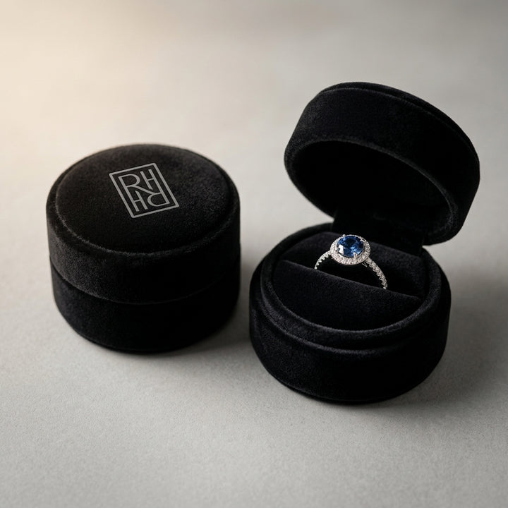 Sapphire & Diamond Halo Pave Eternity Ring in 18K White Gold - presentation