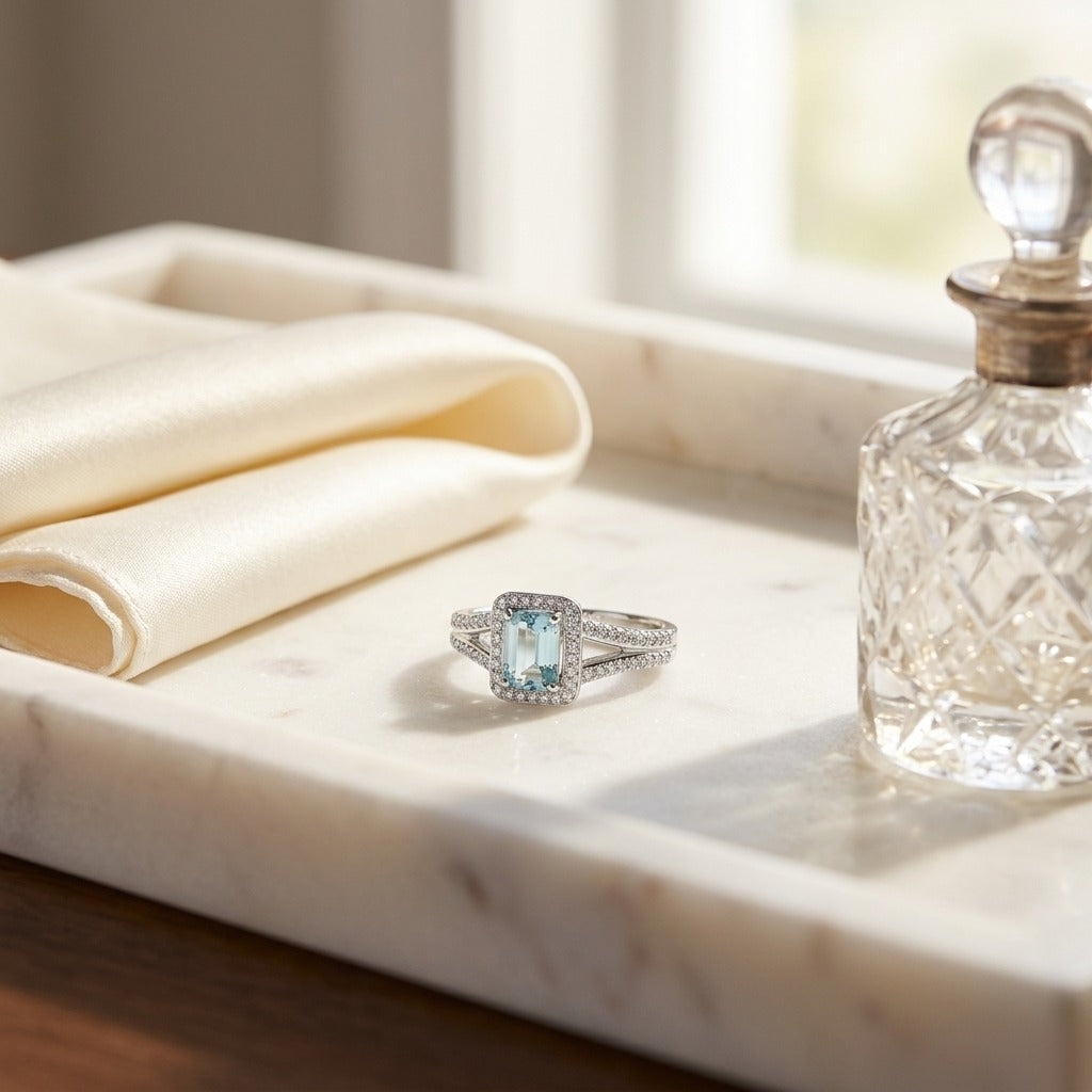 Aquamarine & Diamond Halo Ring in 18K White Gold - lifestyle