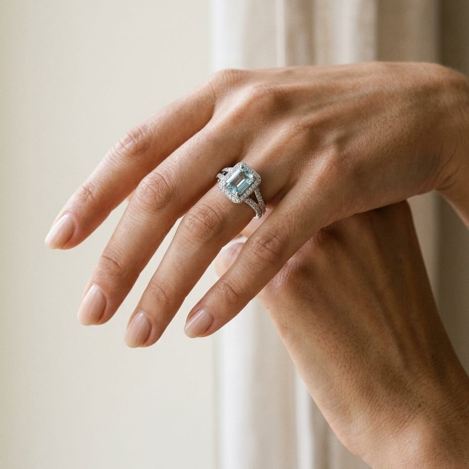 Aquamarine & Diamond Halo Ring in 18K White Gold - editorial