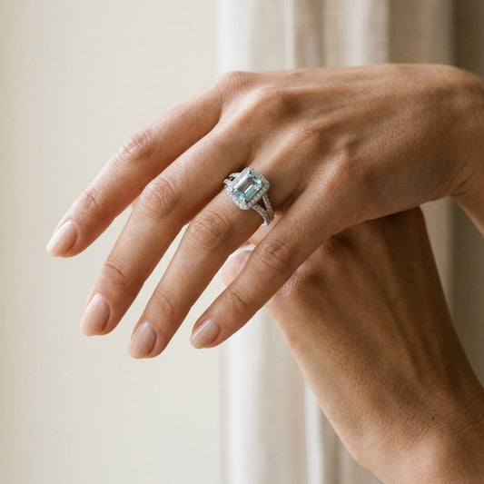 Aquamarine & Diamond Halo Ring in 18K White Gold - editorial