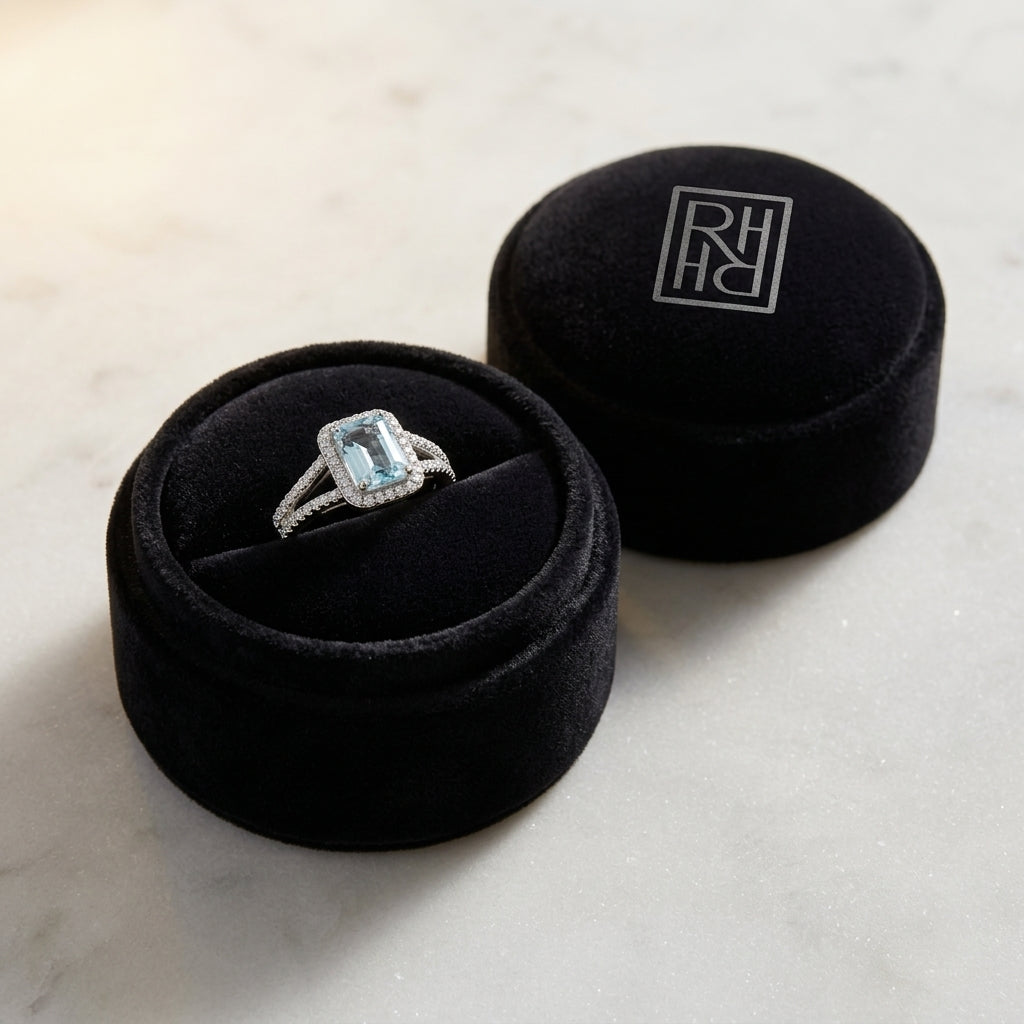 Aquamarine & Diamond Halo Ring in 18K White Gold - presentation