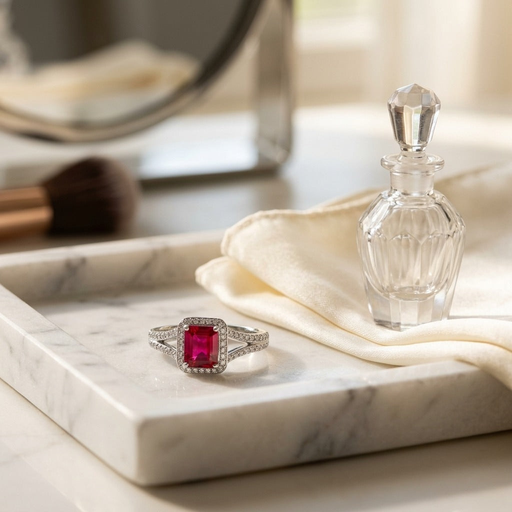 Ruby Emerald Cut & Diamond Ring in 18K White Gold - editorial