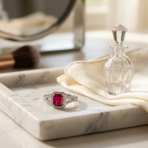 Ruby Emerald Cut & Diamond Ring in 18K White Gold - editorial