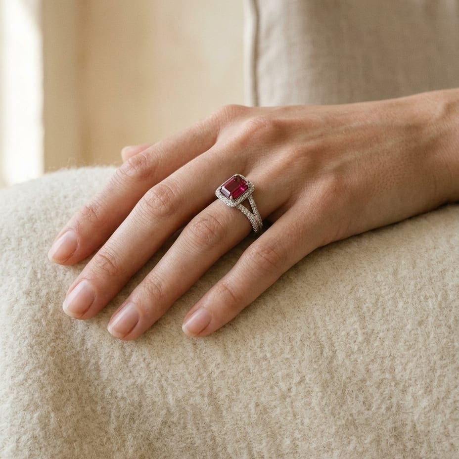 Ruby Emerald Cut & Diamond Ring in 18K White Gold - lifestyle