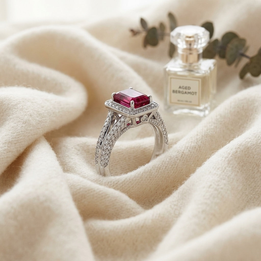 Ruby Emerald Cut & Diamond Ring in 18K White Gold - flat lay