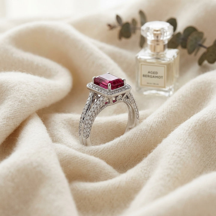 Ruby Emerald Cut & Diamond Ring in 18K White Gold - flat lay