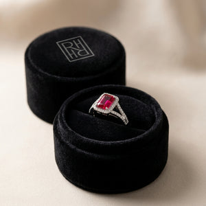 Ruby Emerald Cut & Diamond Ring in 18K White Gold - presentation