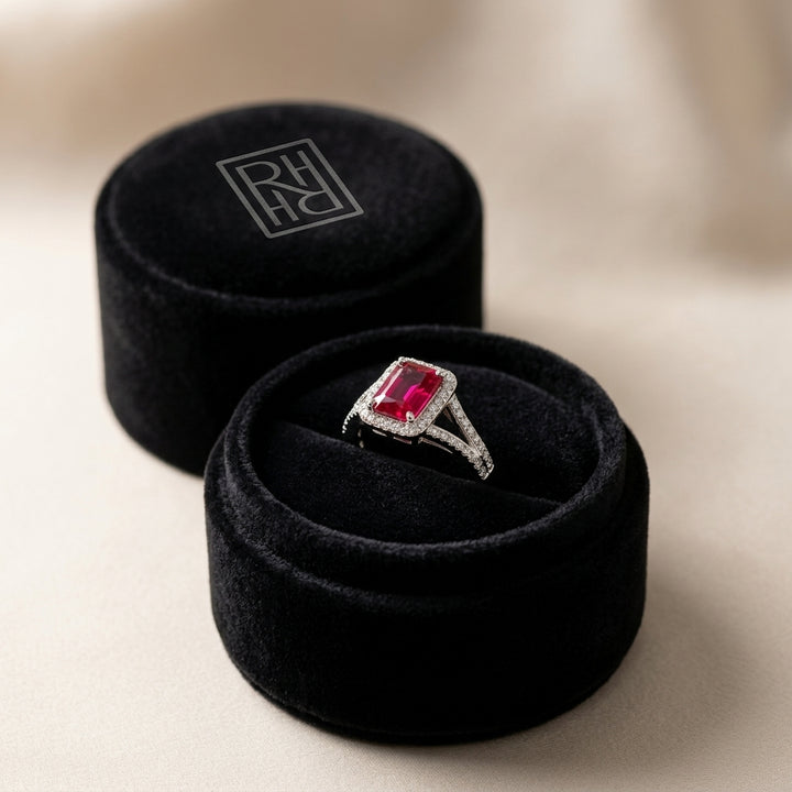 Ruby Emerald Cut & Diamond Ring in 18K White Gold - presentation