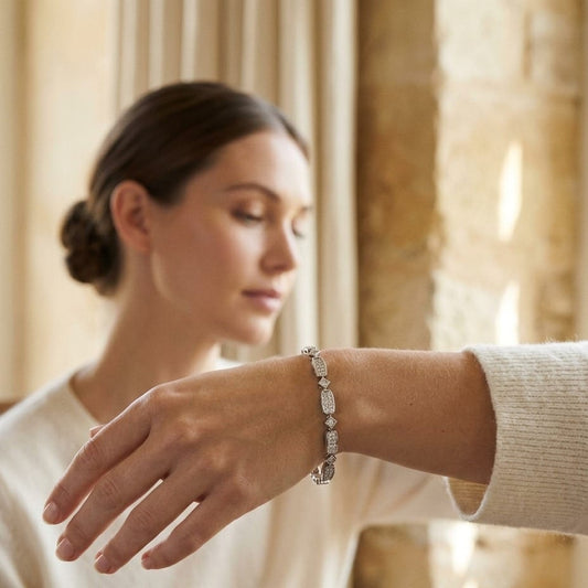 Diamond Princess Invisible-Set Bracelet with Square Bezel Links in 18K White Gold - editorial