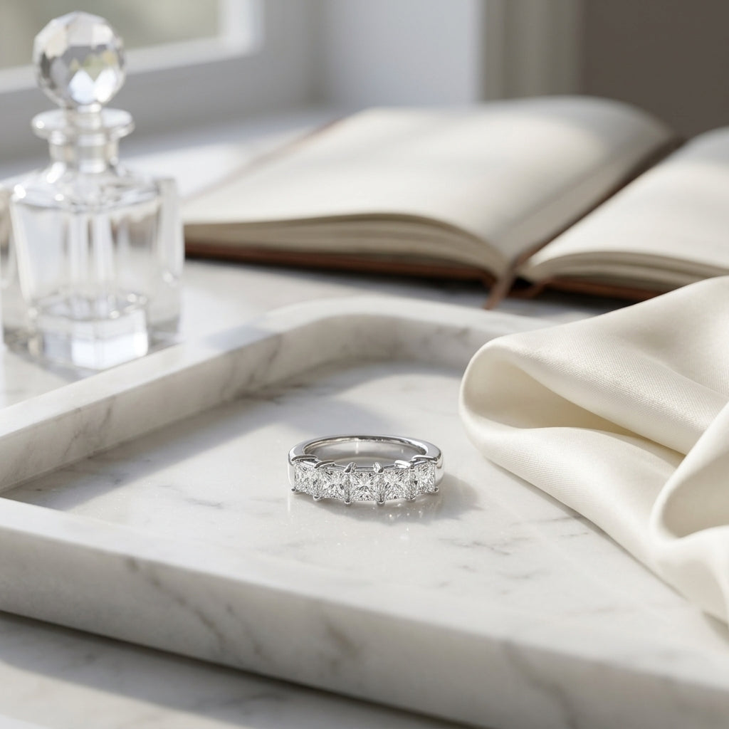 Princess Cut 7 Stone Band in 18K White Gold - editorial