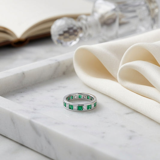 Emerald & Diamond Princess Cut Eternity Band in 18K White Gold - editorial