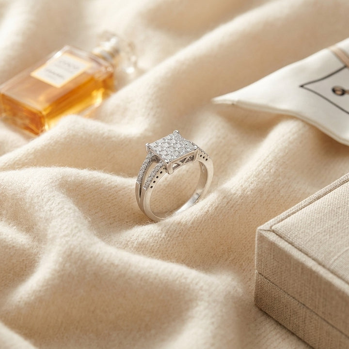 Diamond Princess Invisible-Set Square Center with Round Prong Split Shank in 18K White Gold - flat lay