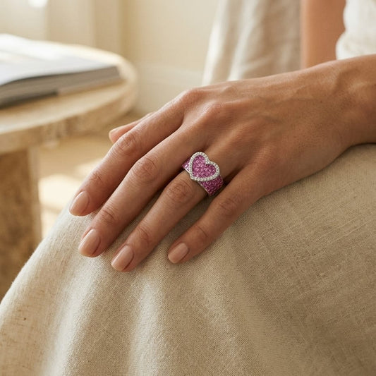 Pink Sapphire & Diamond Heart Band in 18K White Gold - editorial