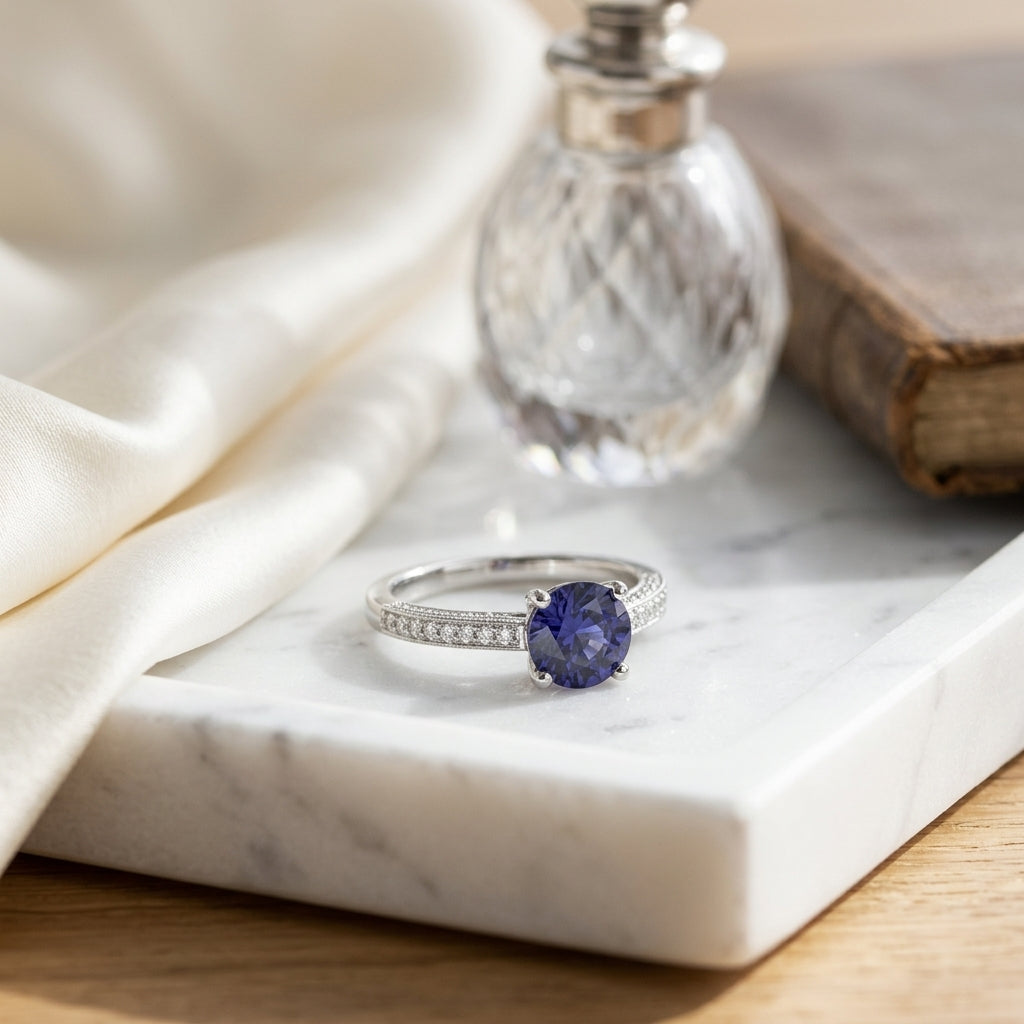 Sapphire & Micro Pave Diamond Ring in 18K White Gold - lifestyle