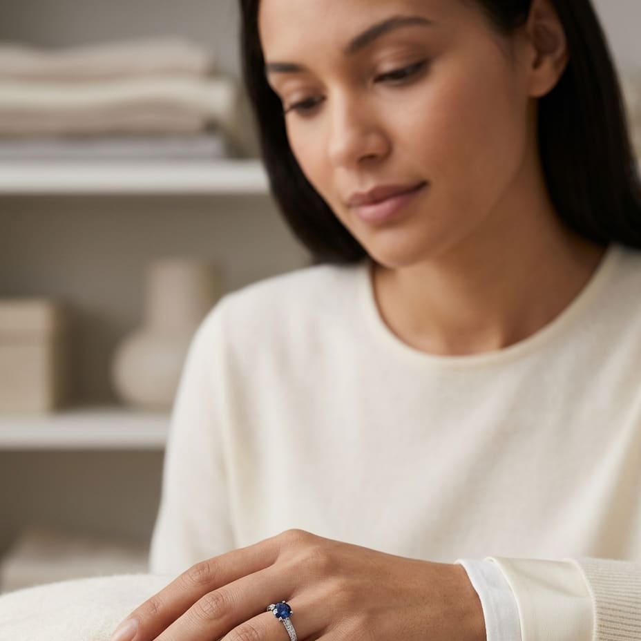 Sapphire & Micro Pave Diamond Ring in 18K White Gold - editorial