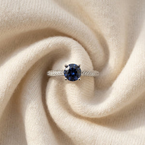 Sapphire & Micro Pave Diamond Ring in 18K White Gold - flat lay