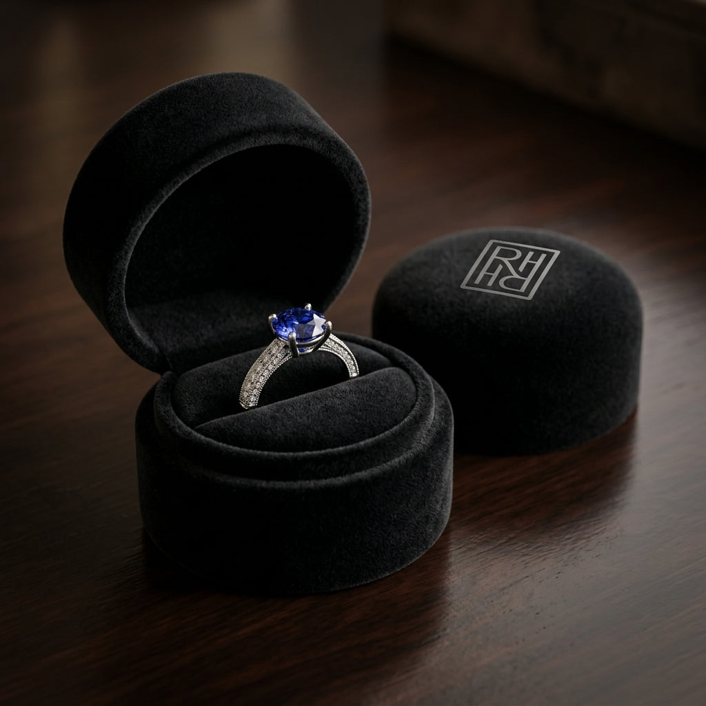 Sapphire & Micro Pave Diamond Ring in 18K White Gold - presentation