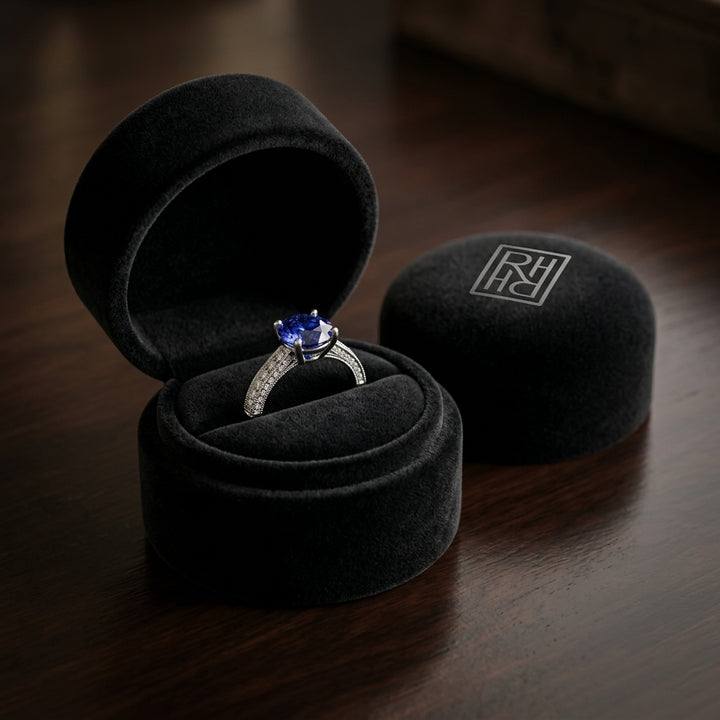 Sapphire & Micro Pave Diamond Ring in 18K White Gold - presentation