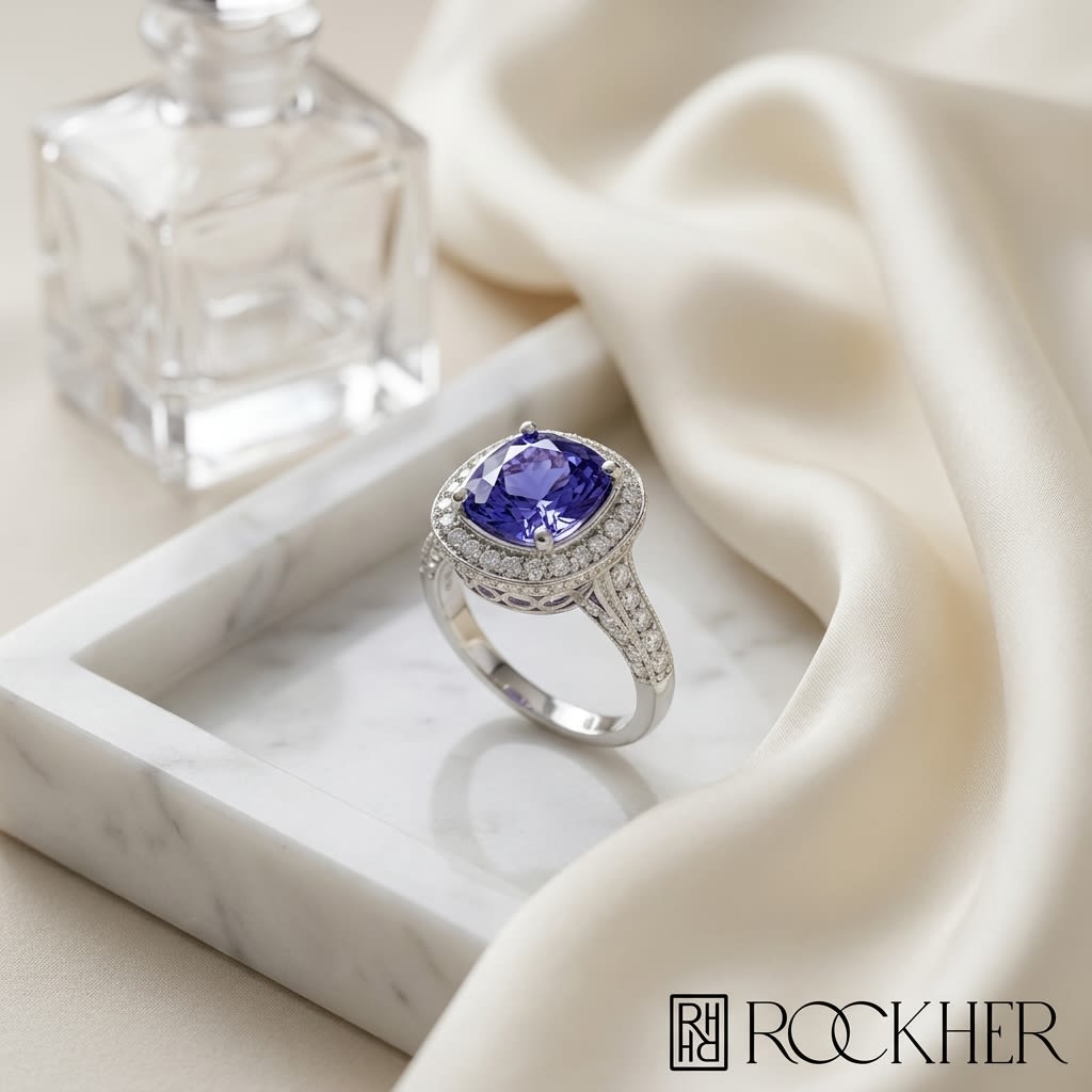 Cushion Sapphire and Diamond Pavé Halo Ring in 18K White Gold, 3.10ct, on marble vanity tray with silk