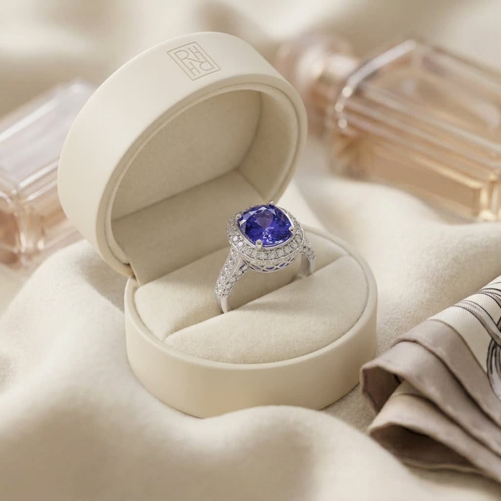 Cushion Sapphire and Diamond Pavé Halo Ring in 18K White Gold, 3.10ct, in navy velvet jewelry box