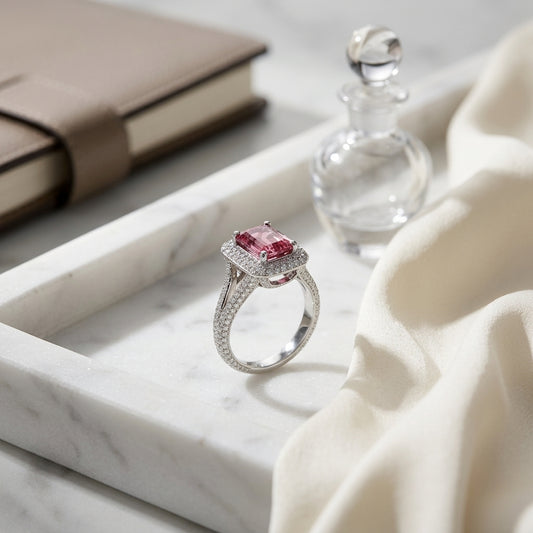 Pink Tourmaline Ring with Pave Diamond Halo & Split Shank in 18K White Gold - editorial