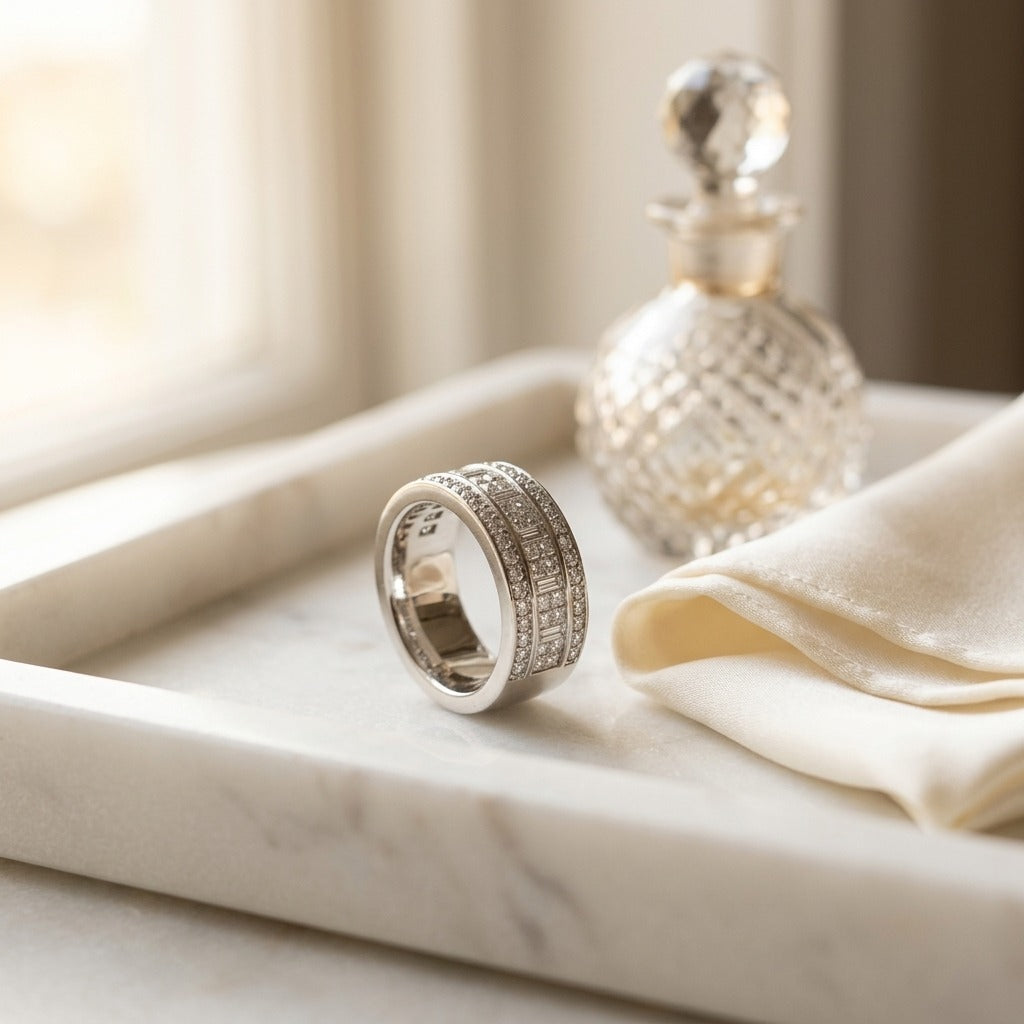 Round, Princess & Baguette Diamond Ring in 18K White Gold - lifestyle
