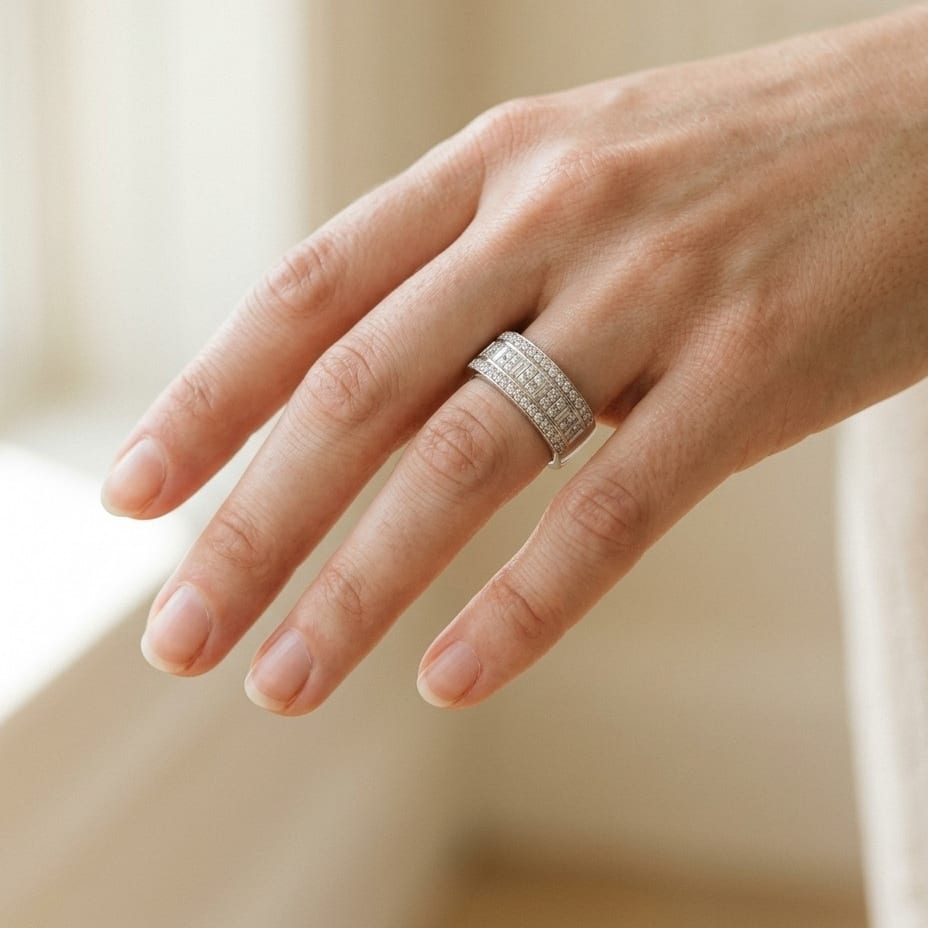 Round, Princess & Baguette Diamond Ring in 18K White Gold - editorial