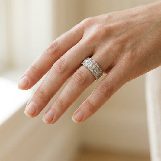 Round, Princess & Baguette Diamond Ring in 18K White Gold - editorial