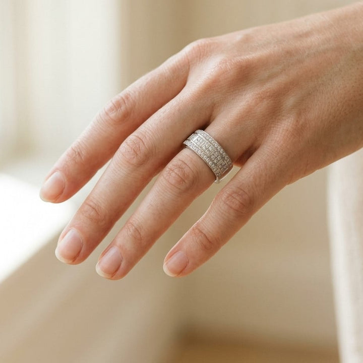Round, Princess & Baguette Diamond Ring in 18K White Gold - editorial