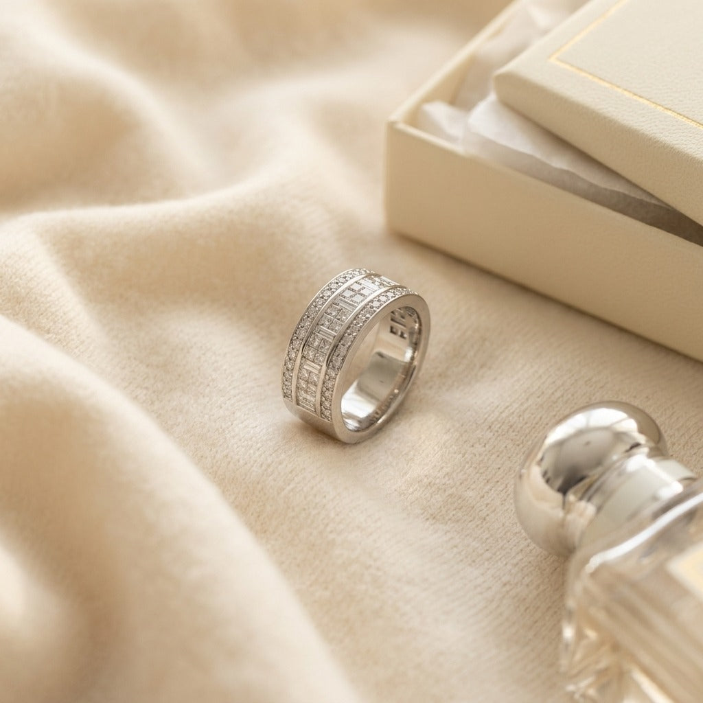 Round, Princess & Baguette Diamond Ring in 18K White Gold - flat lay
