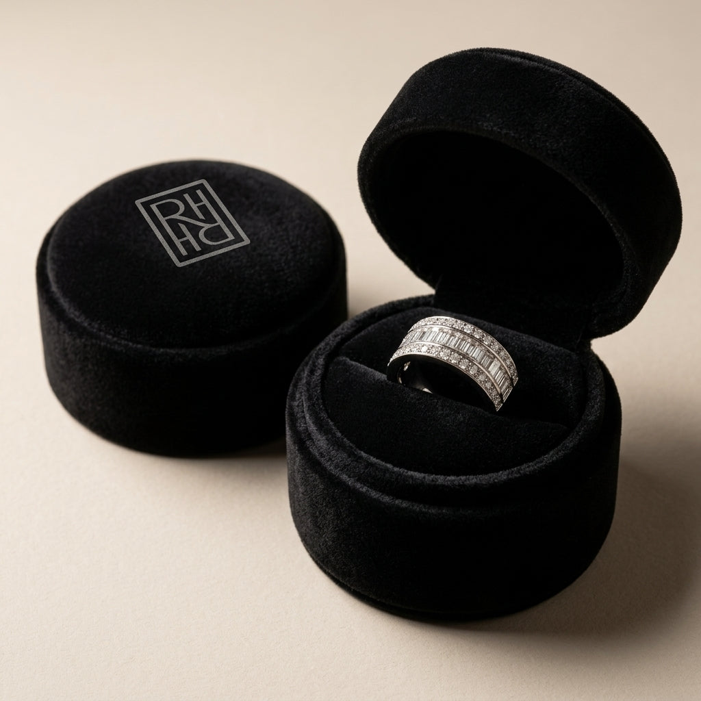 Round, Princess & Baguette Diamond Ring in 18K White Gold - presentation