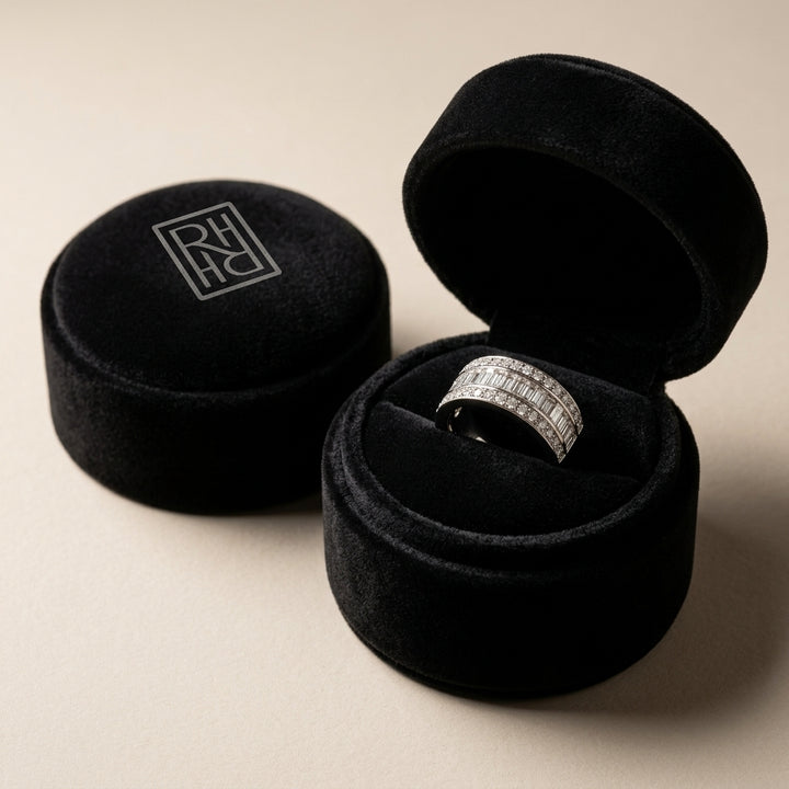 Round, Princess & Baguette Diamond Ring in 18K White Gold - presentation