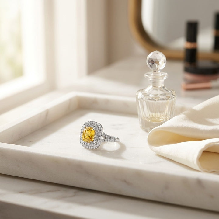 Yellow Sapphire Cushion & Diamond Ring in 18K White Gold - lifestyle