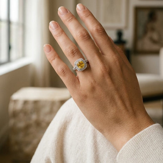 Yellow Sapphire Cushion & Diamond Ring in 18K White Gold - editorial