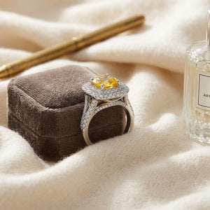 Yellow Sapphire Cushion & Diamond Ring in 18K White Gold - flat lay