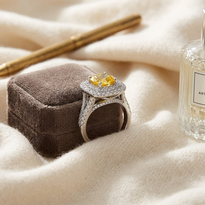 Yellow Sapphire Cushion & Diamond Ring in 18K White Gold - flat lay