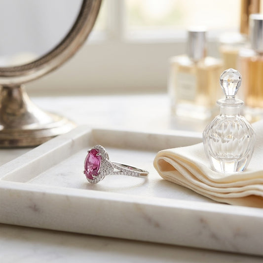 Pink Sapphire Oval & Diamond Ring in 18K White Gold - editorial