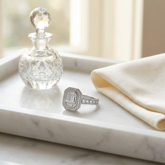 Diamond Emerald Cut Composite Ring in 18K White Gold - editorial