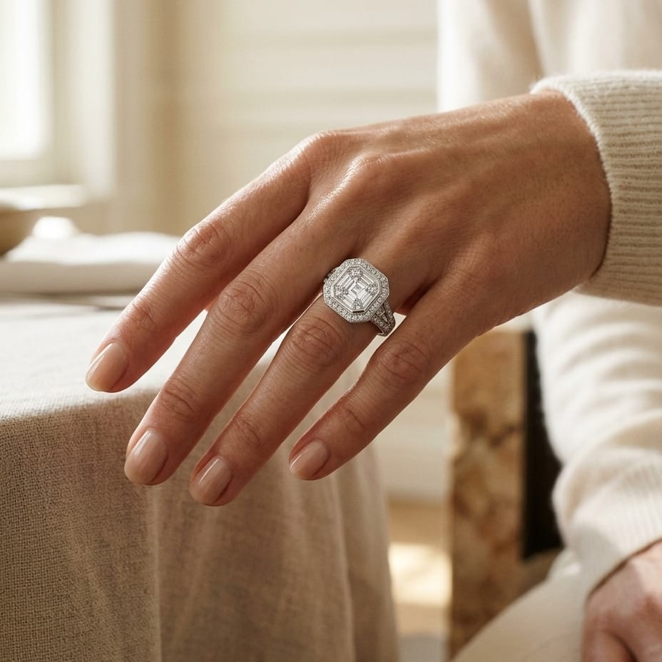 Diamond Asscher Cut Composite Ring in 18K White Gold - editorial