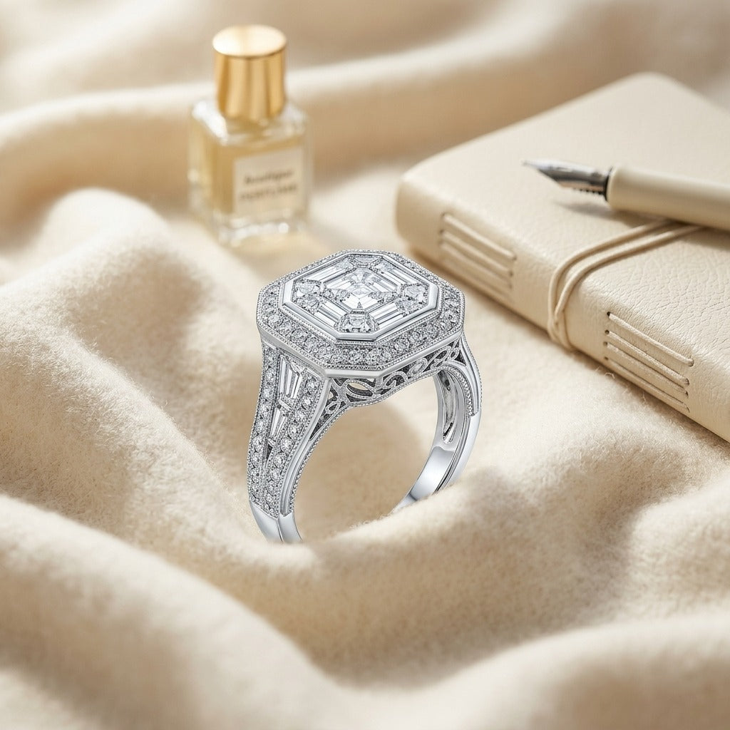 Diamond Asscher Cut Composite Ring in 18K White Gold - flat lay