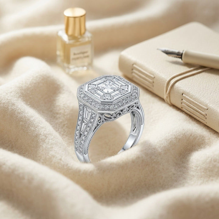 Diamond Asscher Cut Composite Ring in 18K White Gold - flat lay