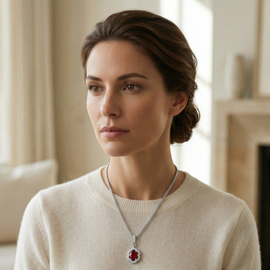 Ruby & Diamond Oval Scalloped Frame Pendant in 18K White Gold - editorial